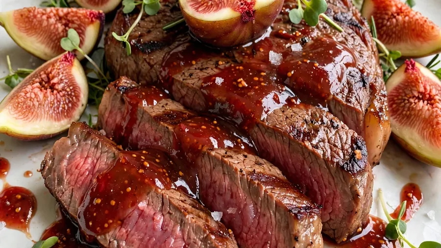 Seared steak with fig sauce and fresh fig wedges