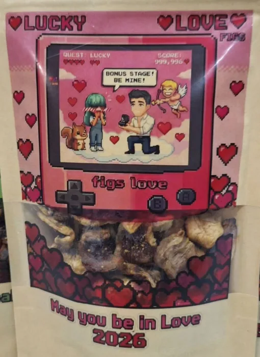 Lucky Love dried fig pouch with a pink game-console label